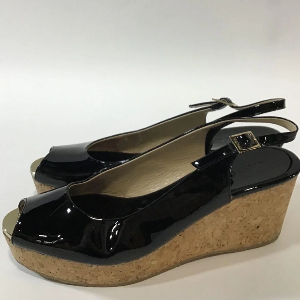 Women’s Jimmy Choo Black Patent Peep Toe Slingback Cork Wedges Size 41